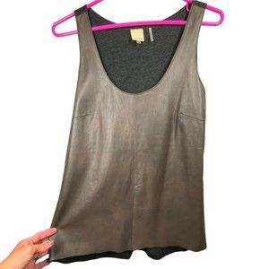Ecru leather tank top brown leather, gray fabric back, classic neutral edgy  S/M